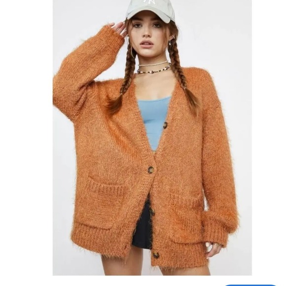 Free People Sweaters - Free People Nevermind Sm Orange Shaggy Knit Button Front Sweater Oversized‎ READ